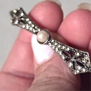 Vtg Silver Crystal Pearl Long Bow Brooch Sweater Pin 50's Hollywood Regency